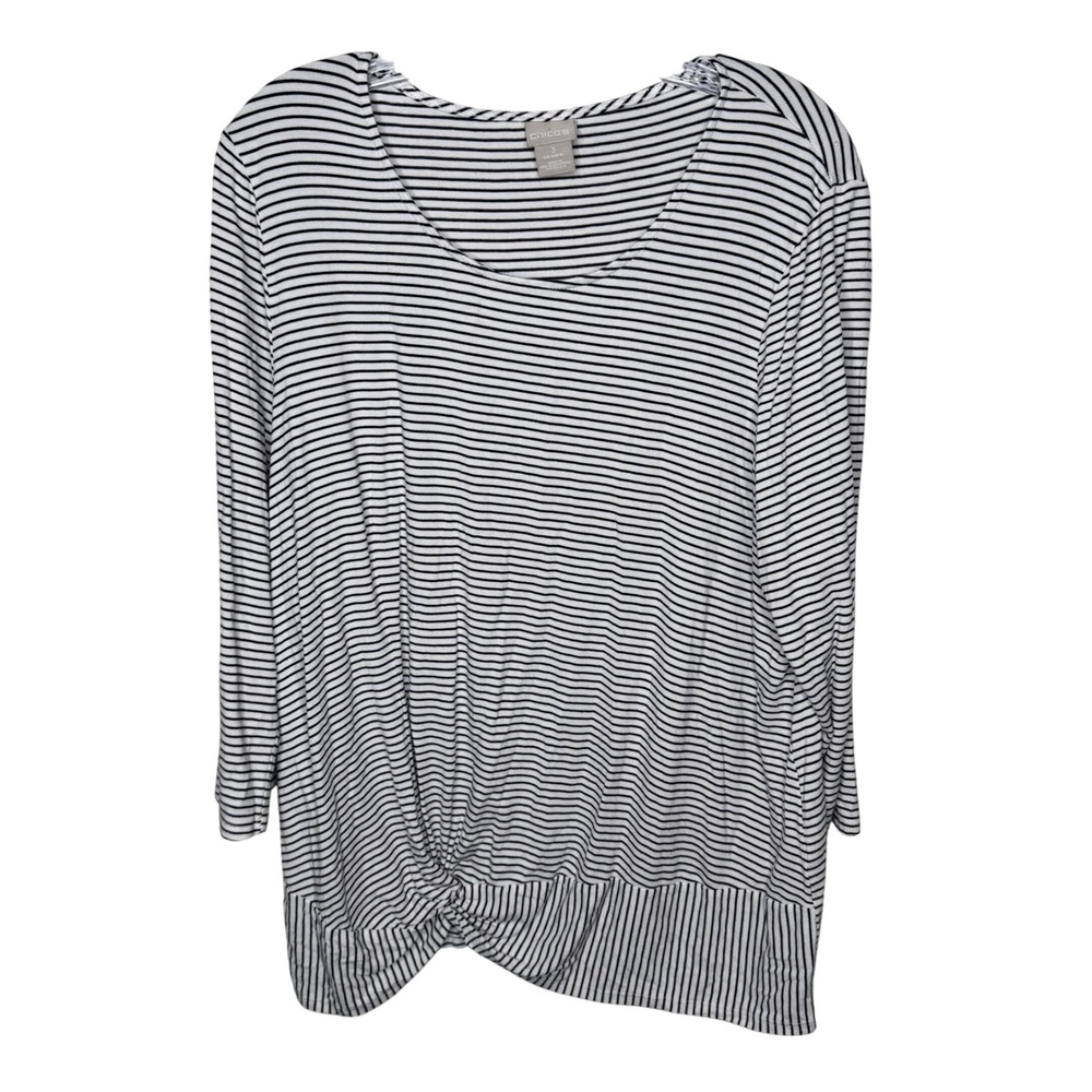 Chico's Striped Twist Front Knit Top White Black 3/4 Sleeve Size 3 XL Minimalist